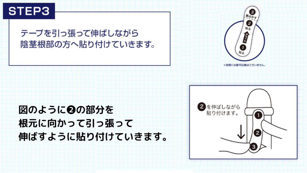 STEP③：テープを引っ張って伸ばしながら陰茎根部の方へ貼り付ける