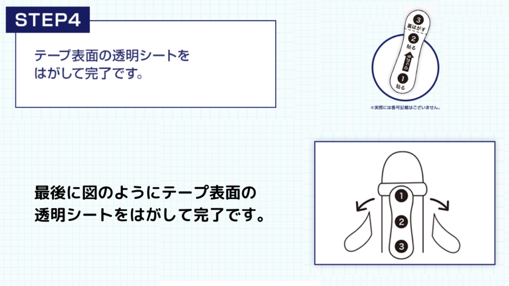 STEP④：テープ表面の透明シートをはがして完了